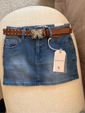 Girls Denim Skort with Brown Studded Belt